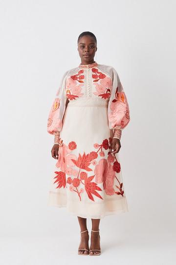 Pink Plus Organdie Applique Buttoned Woven Midi Dress