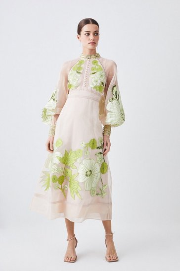 Petite Organdie Applique Buttoned Woven Midi Dress | Karen Millen