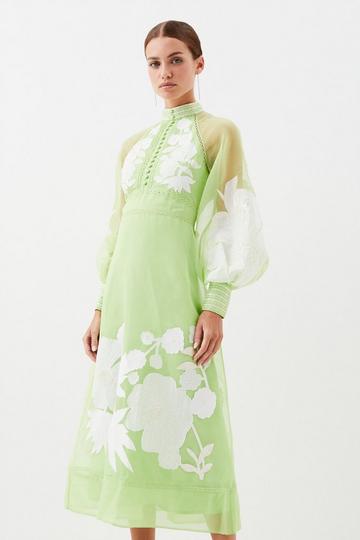 Petite Organdie Applique Buttoned Woven Midi Dress lime