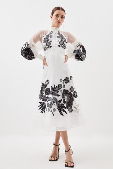 Petite Organdie Applique Buttoned Woven Midi Dress mono