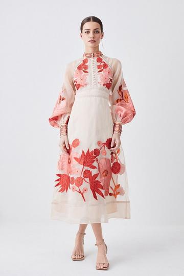 Petite Organdie Applique Buttoned Woven Midi Dress pink