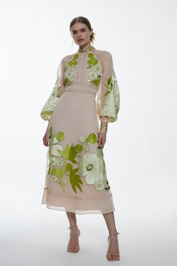 Green Organdie Applique Buttoned Woven Midi Dress