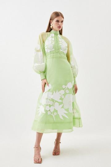 Organdie Applique Buttoned Woven Midi Dress lime