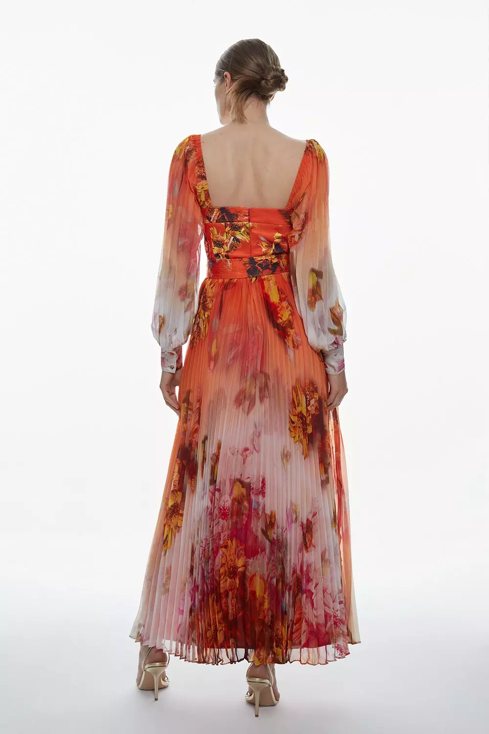 Orange Floral Cut Out Back Pleated Satin Dress - Retro, Indie and Unique  Fashion