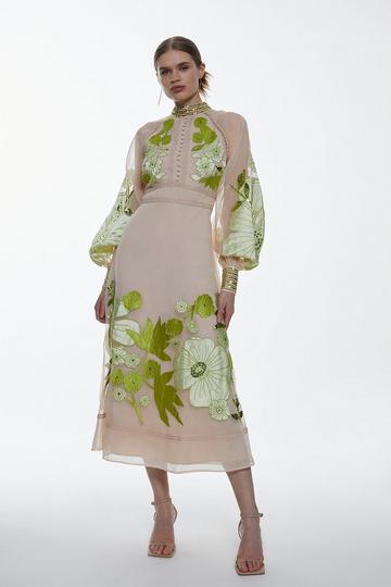 Green Tall Applique Organdie Woven Midi Dress