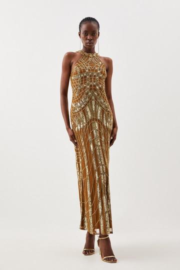 Gold Metallic Embellished Geo Halter Woven Maxi Dress