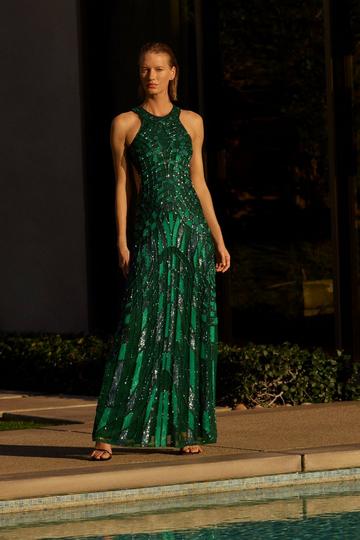Green Embellished Geo Halter Woven Maxi Dress
