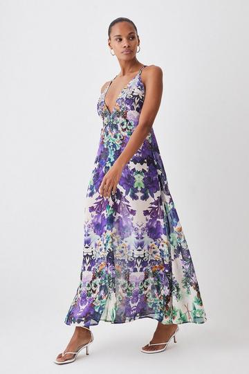Purple Tall Mirrored Floral Embellished Strappy Beach Maxi Dress