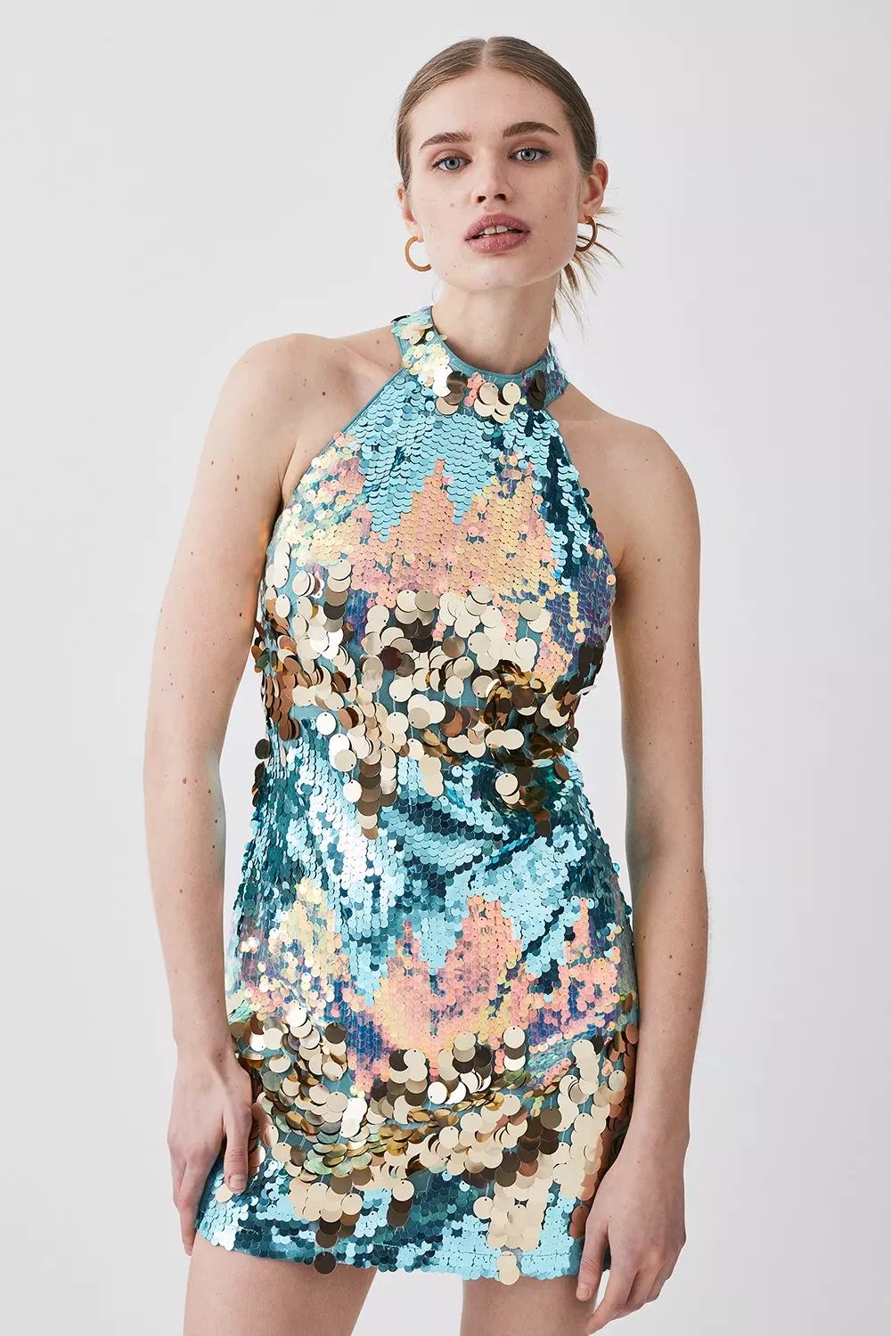 Disc Sequin Halter Woven Mini Dress | Karen Millen