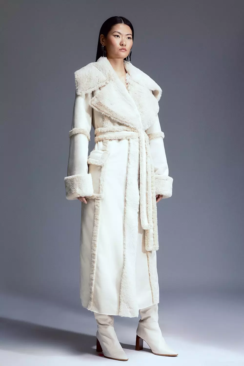 Tall Faux Shearling Collar & Cuff Tie Belt Maxi Coat | Karen Millen