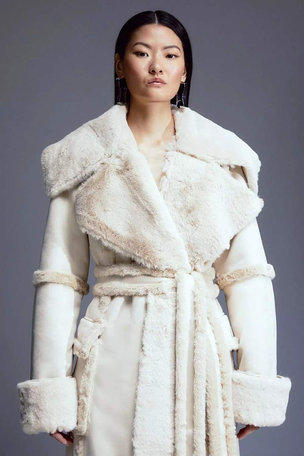 Tall Faux Shearling Collar & Cuff Tie Belt Maxi Coat | Karen