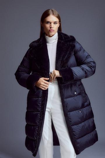 Faux Fur Lined Belted Puffer Coat black