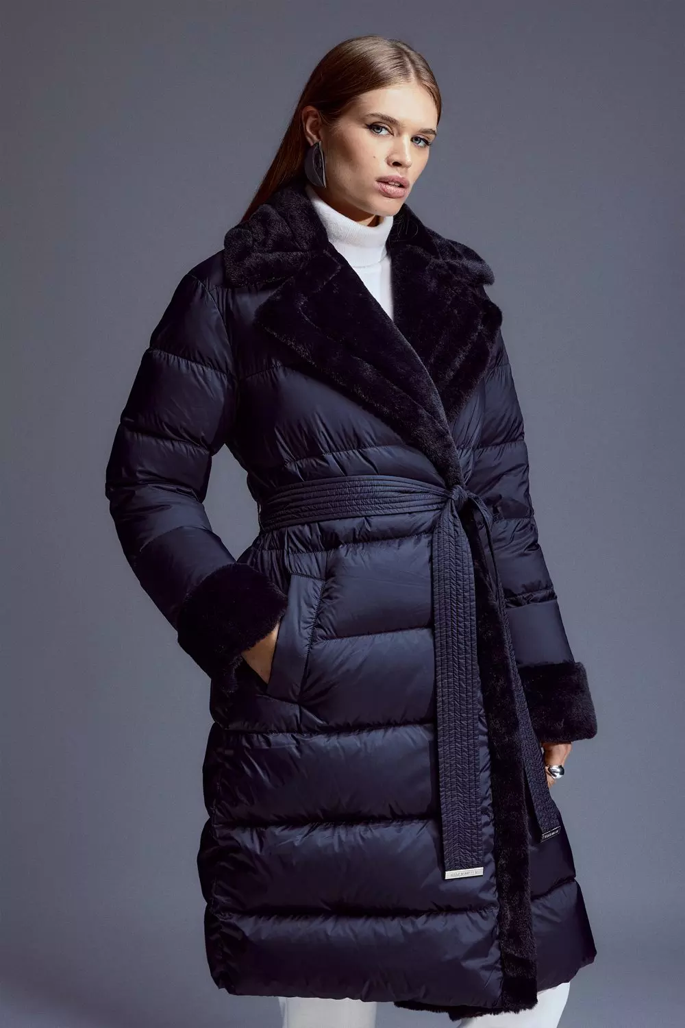 Faux Fur Lined Belted Puffer Coat