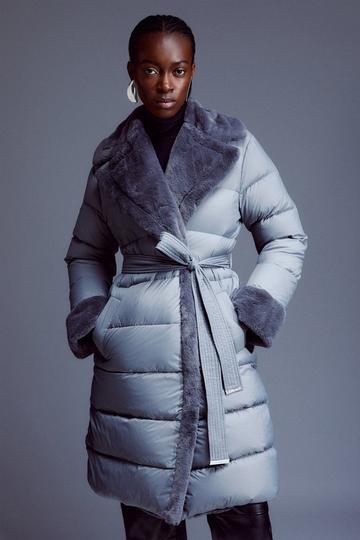 Faux Fur Lined Belted Puffer Coat grey
