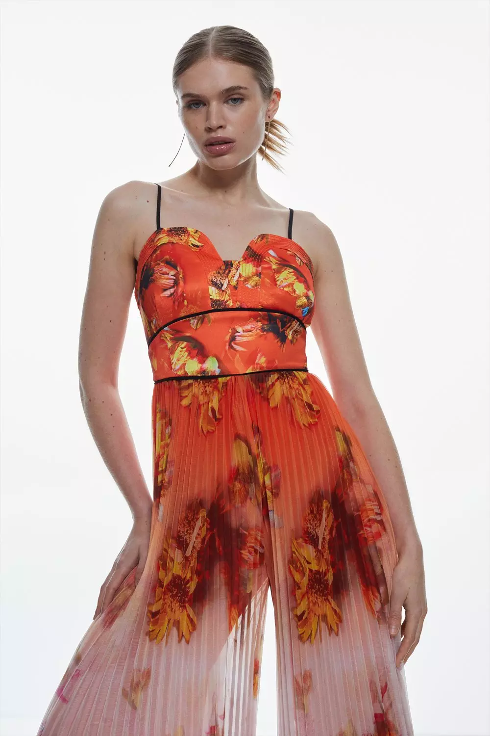 Scattered Floral Print Pleated Strappy Jumpsuit Karen Millen