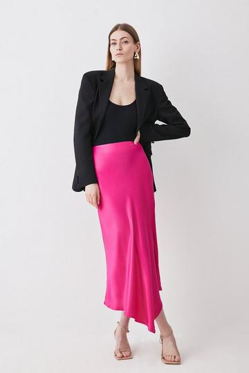 Pink Satin Asymmetric Slip Midi Skirt