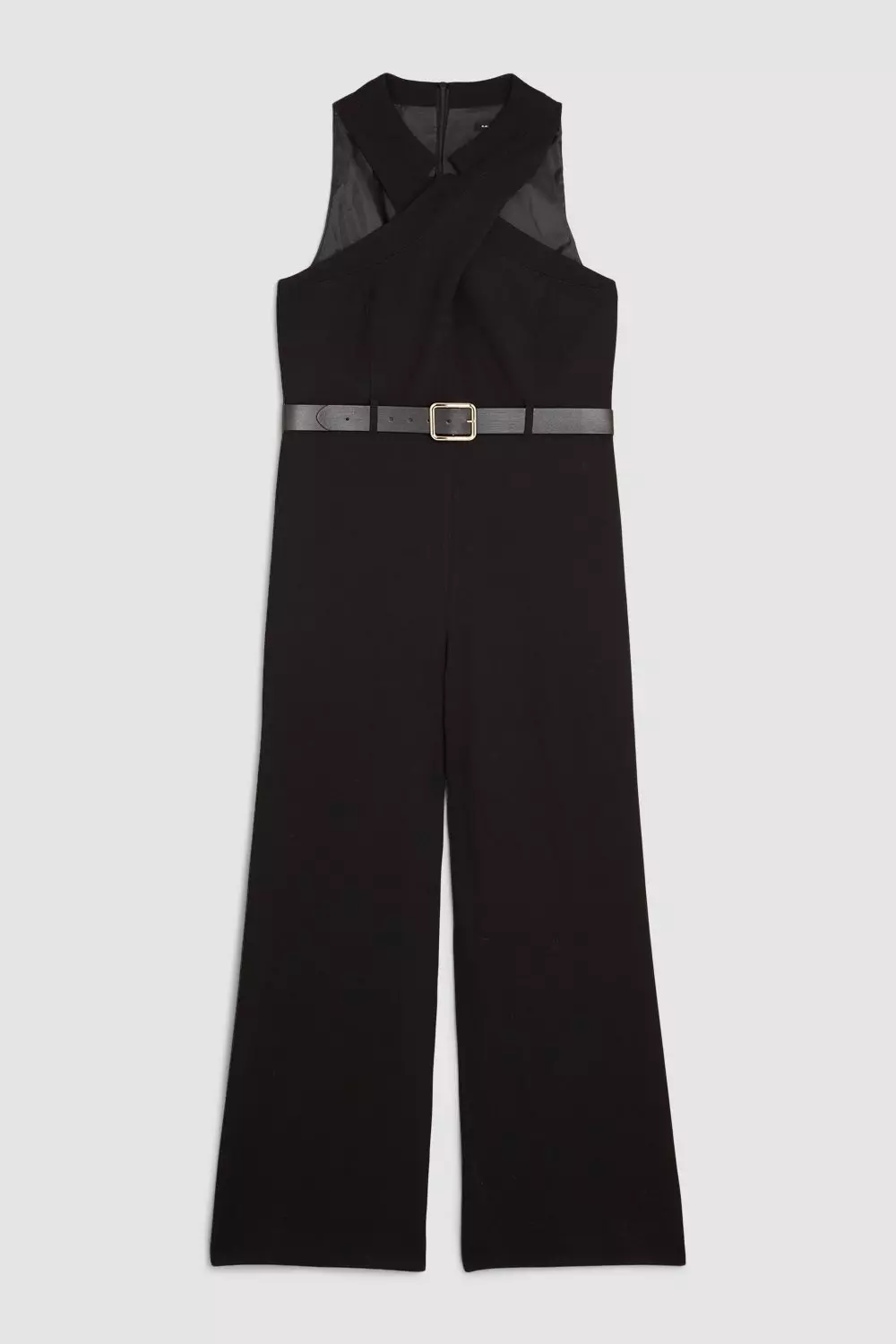 Plus Structured Crepe Halter Neck Belted Wide Leg Jumpsuit | Karen Millen