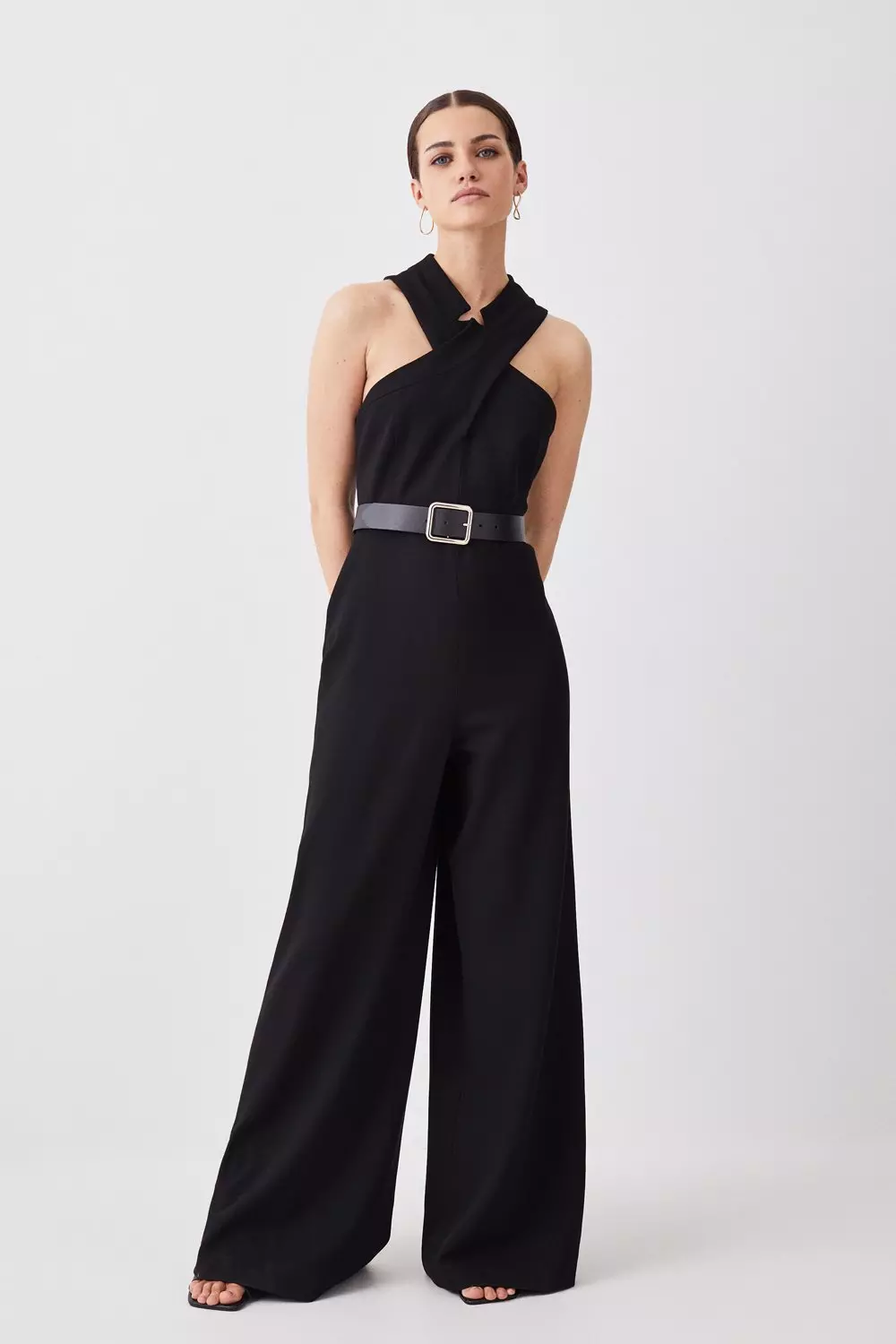 Petite Structured Crepe Halter Neck Belted Wide Leg Jumpsuit | Karen Millen