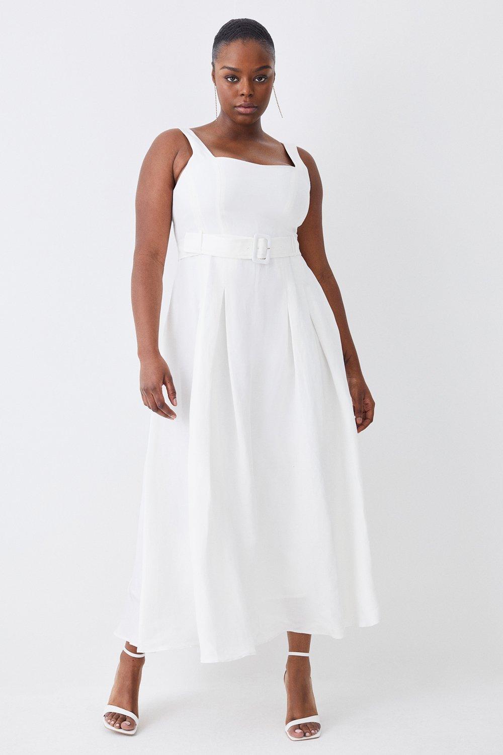 Premium Linen Plus Size V Neck Wrap Detail Woven Midi Dress | Karen Millen