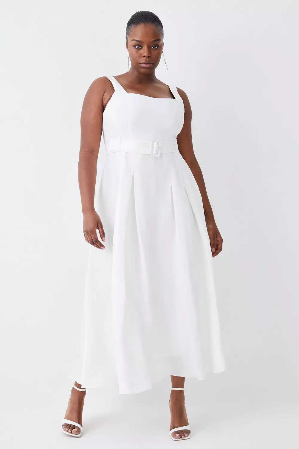 Plus Size Linen Seamed Detail Full Skirted Midi Dress | Karen Millen