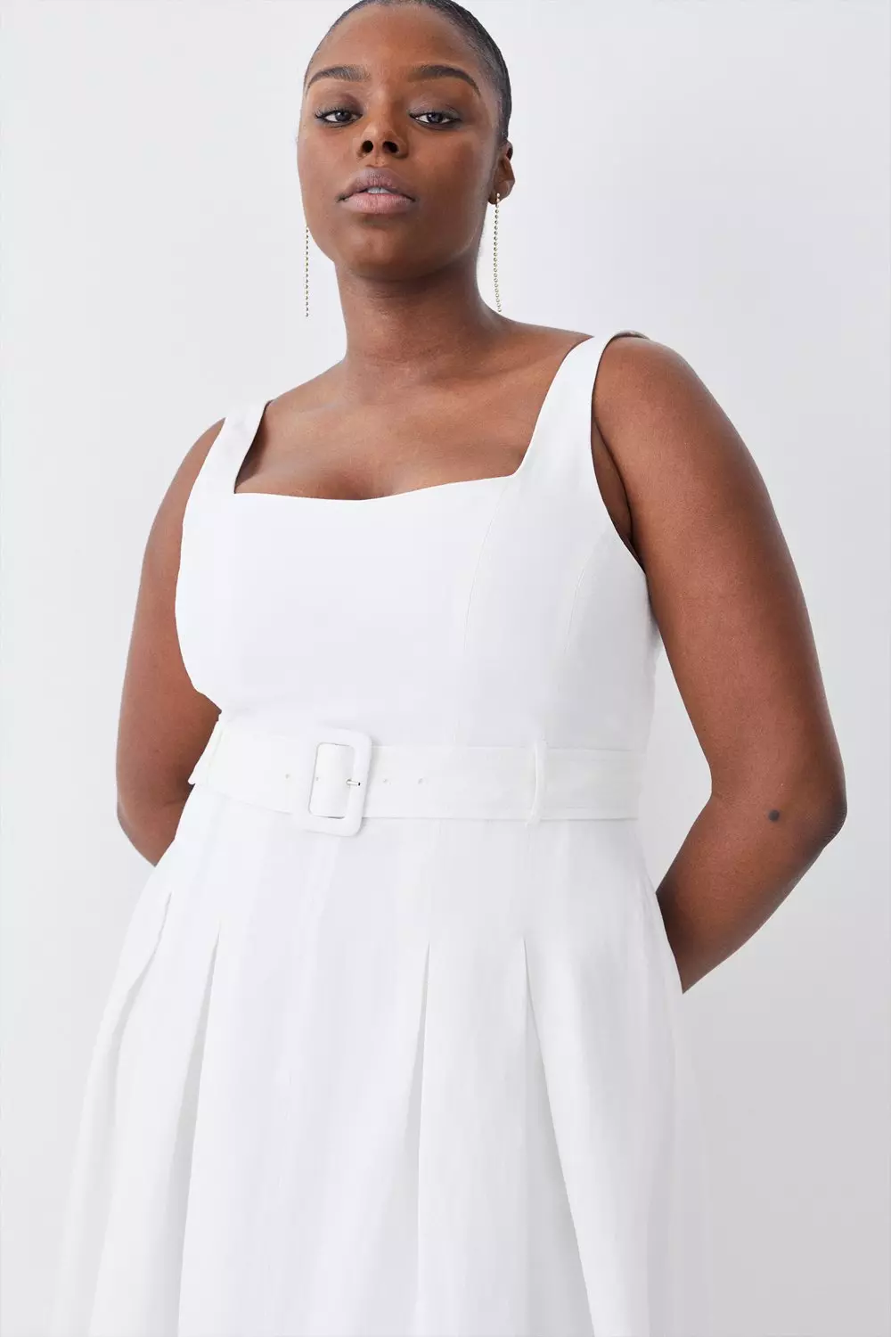 Plus Size Linen Seamed Detail Full Skirted Midi Dress