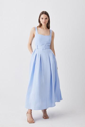 Blue Linen Seamed Detail Full Skirted Midi Dress