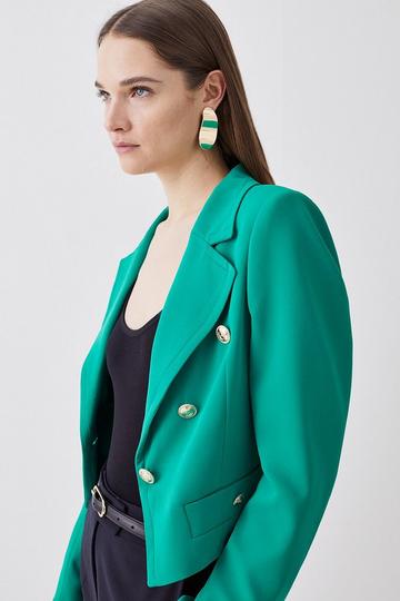 Green Soft Tailored Military Button Crop Jacket