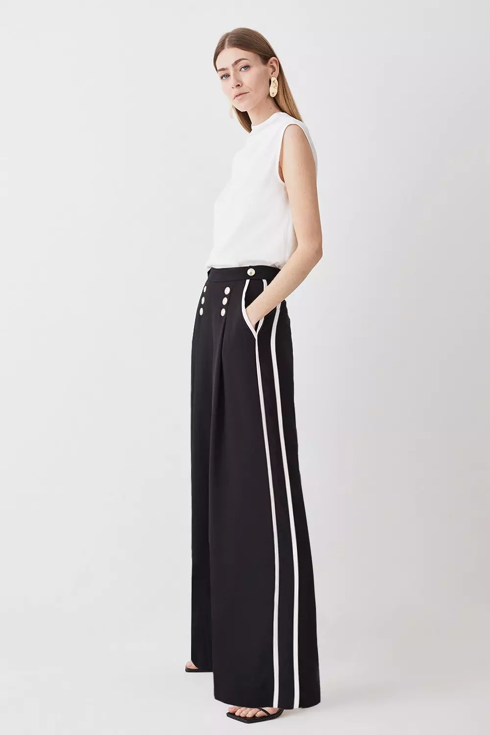 Soft Tailored Pipe Detail Wide Leg Trouser