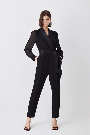 Sheer Sleeve Tuxedo Wrap Jumpsuit black