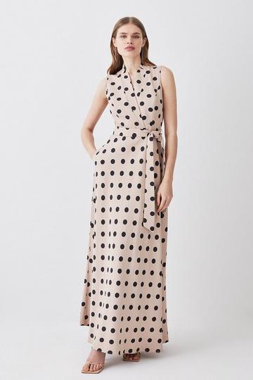 Polka Dot Linen Wrap Tie Waisted Midi Dress multi