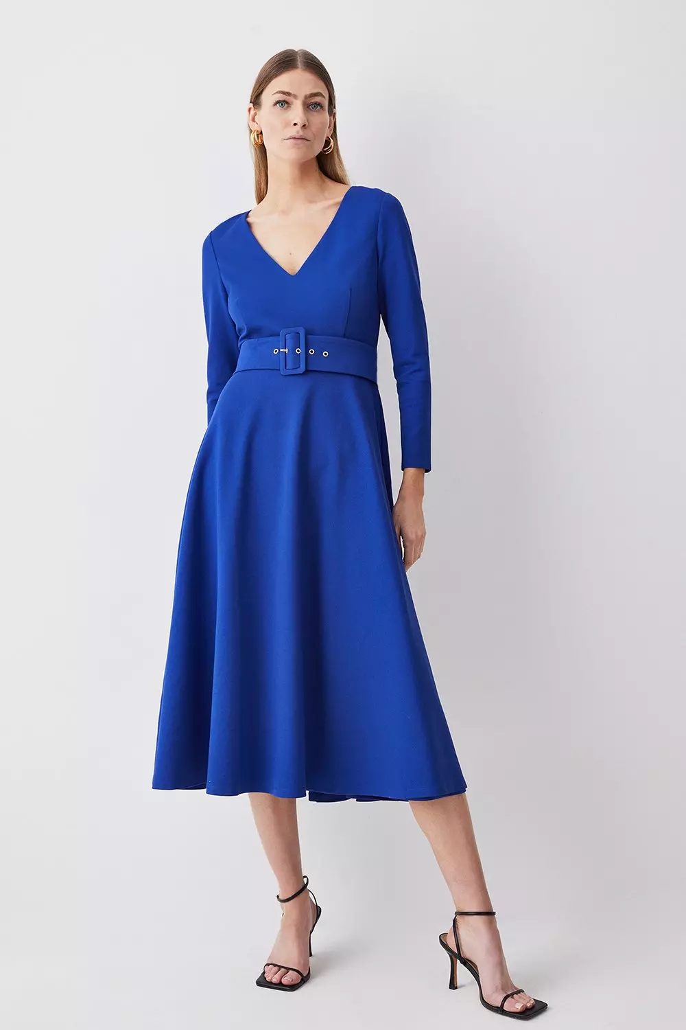 V neck long outlet sleeve belted maxi dress