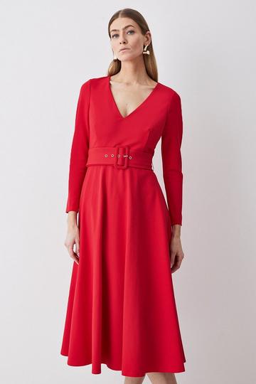 V Neck Belted Maxi Dress red