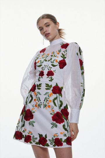 Red Tall Rose Embroidered Cotton Organdie Mini Dress