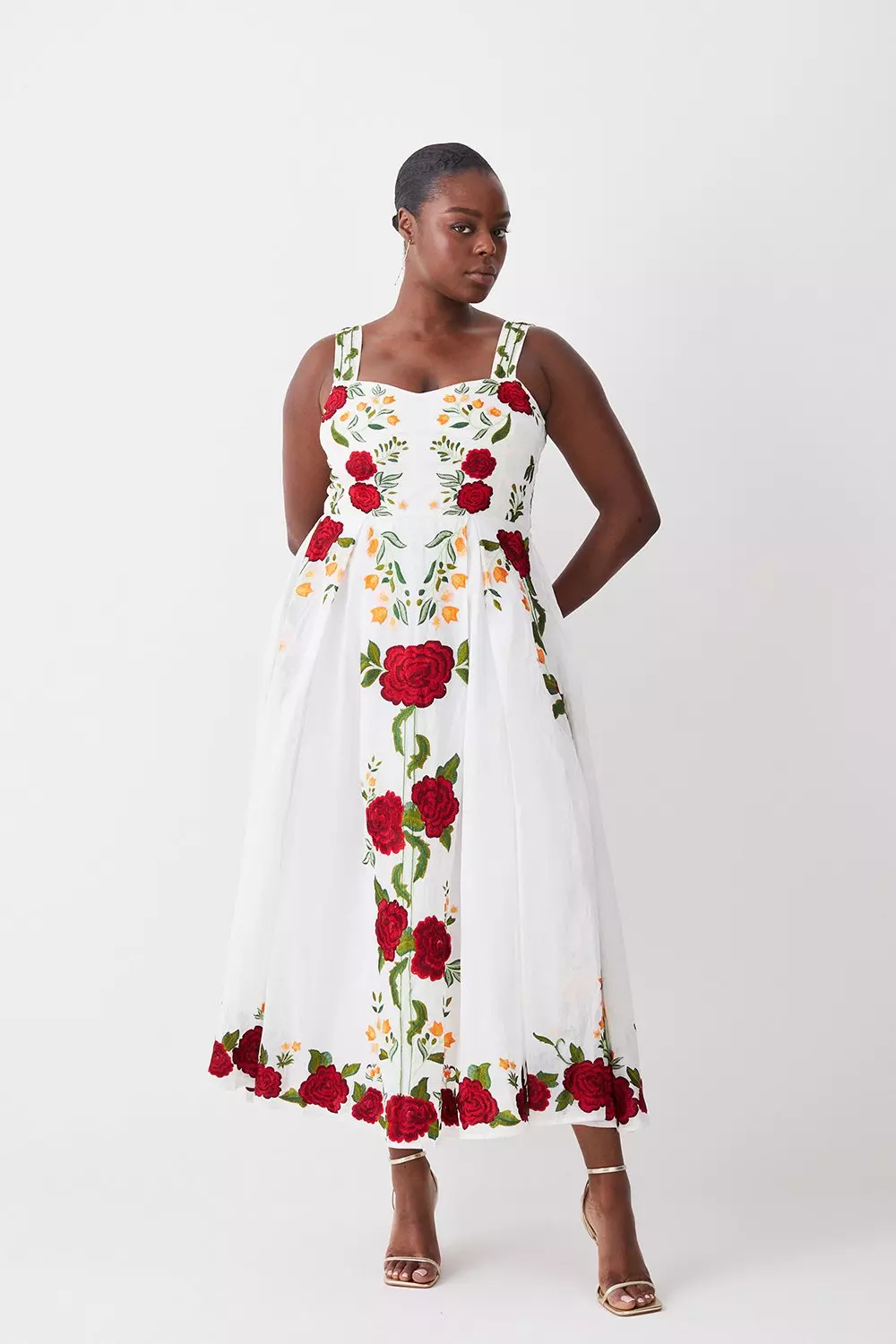 Plus Size Rose Embroidered Cotton Organdie Midi Dress