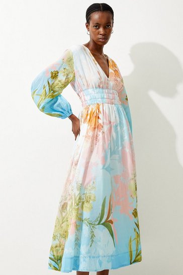 Ombre Botanical Silk Cotton Plunge Maxi Dress | Karen Millen
