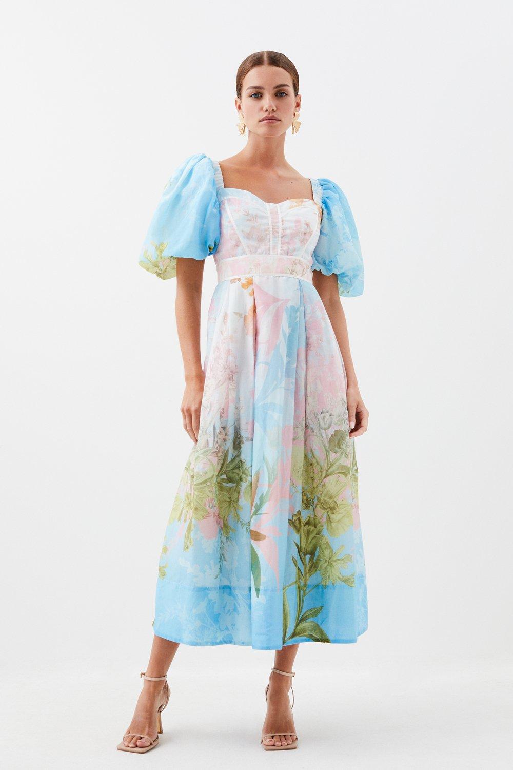 Petite Ombre Botanical Cotton Top Stitch Midi Dress | Karen Millen