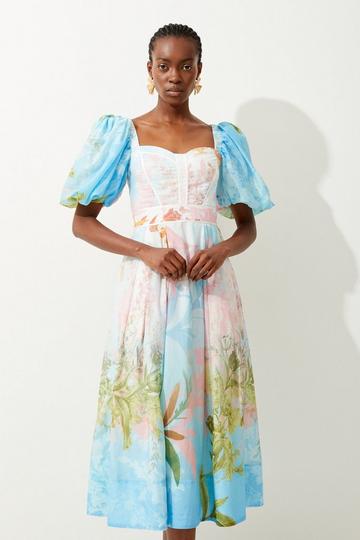 Tall Ombre Botanical Cotton Top Stitch Midi Dress floral