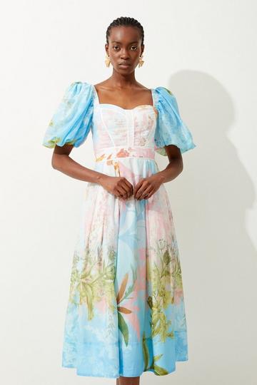 Ombre Botanical Cotton Top Stitch Midi Dress floral