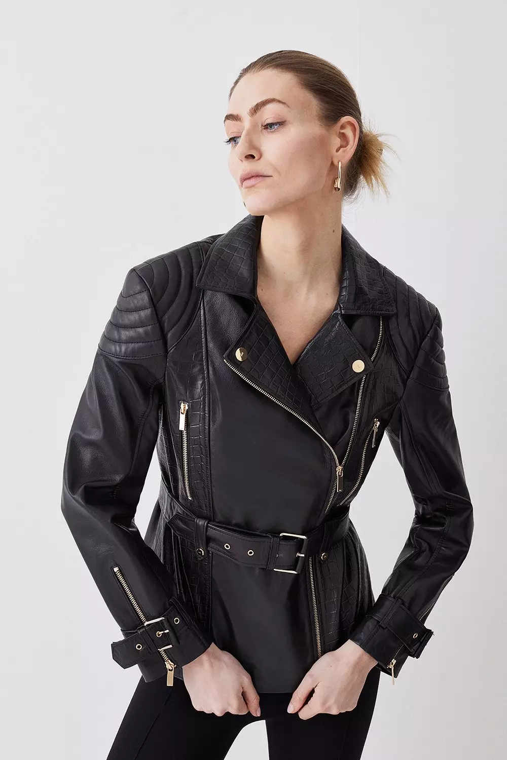 Leather Contrast Textured Panels Moto Jacket