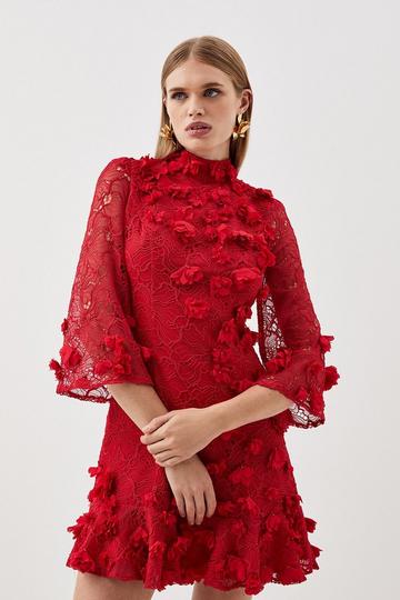 Red Floral Applique On Lace Woven Mini