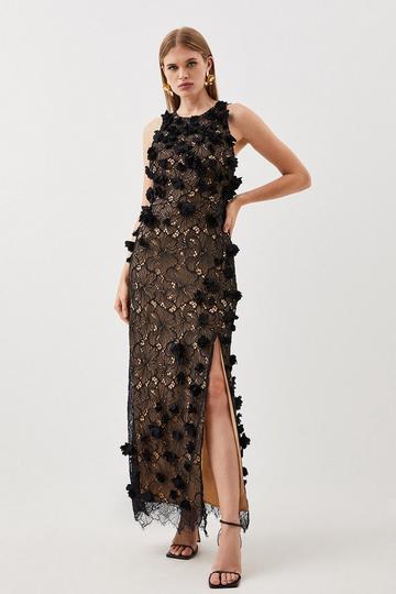 Black Floral Applique On Lace Woven Midi Dress
