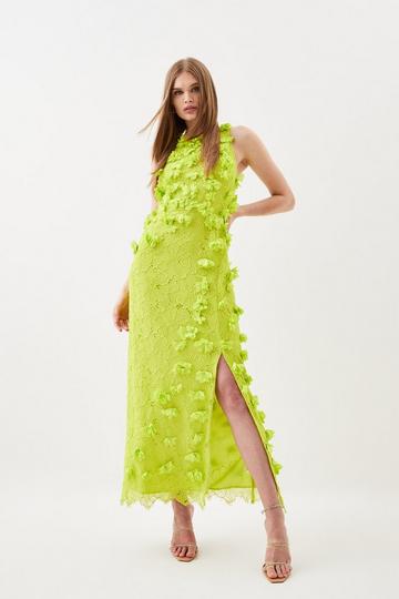 Floral Applique On Lace Woven Midi Dress lime