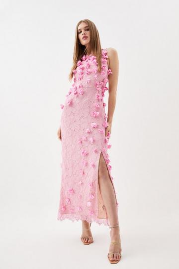 Pink Floral Applique On Lace Woven Midi Dress