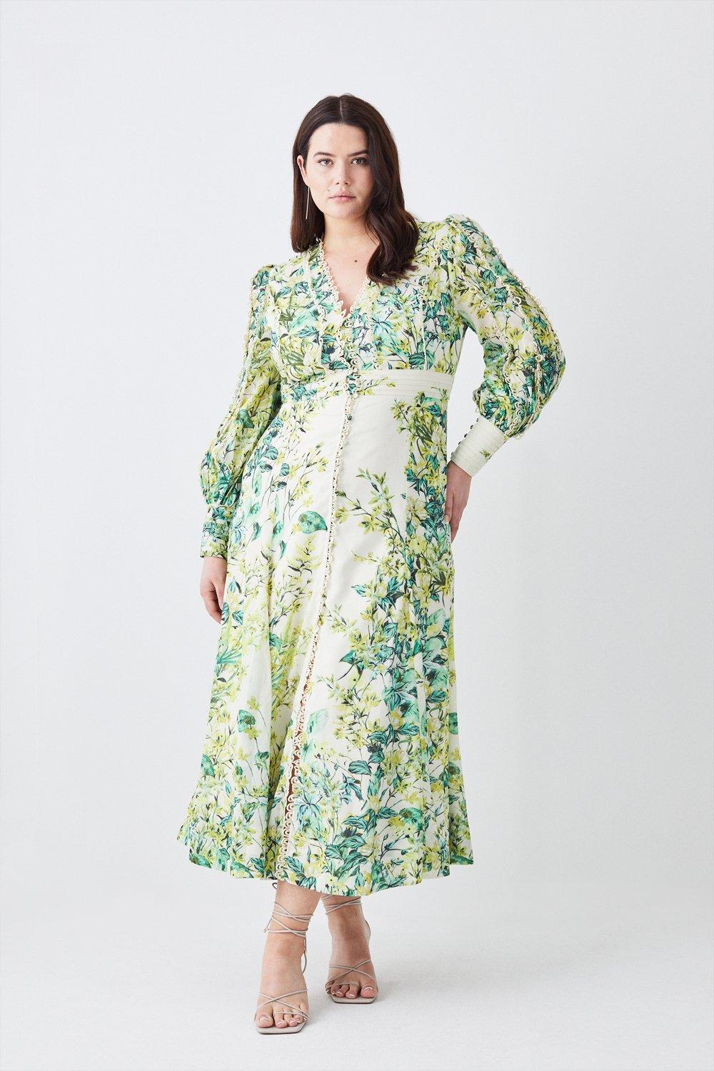 Floral Frill Trim Flounce Sleeve Plunge Maxi Dress