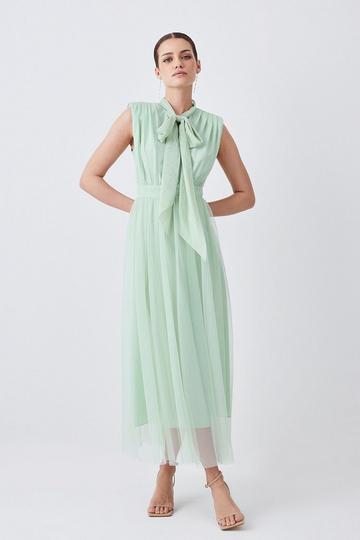 Lydia Millen Petite Mesh Sweeping Pussy Bow Woven Maxi Dress sage