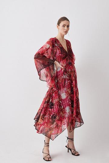 Red Mirrored Placed Floral Leather Trim Kimono Woven Midi Dress