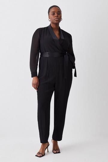 Black Plus Size Sheer Sleeve Tuxedo Wrap Jumpsuit
