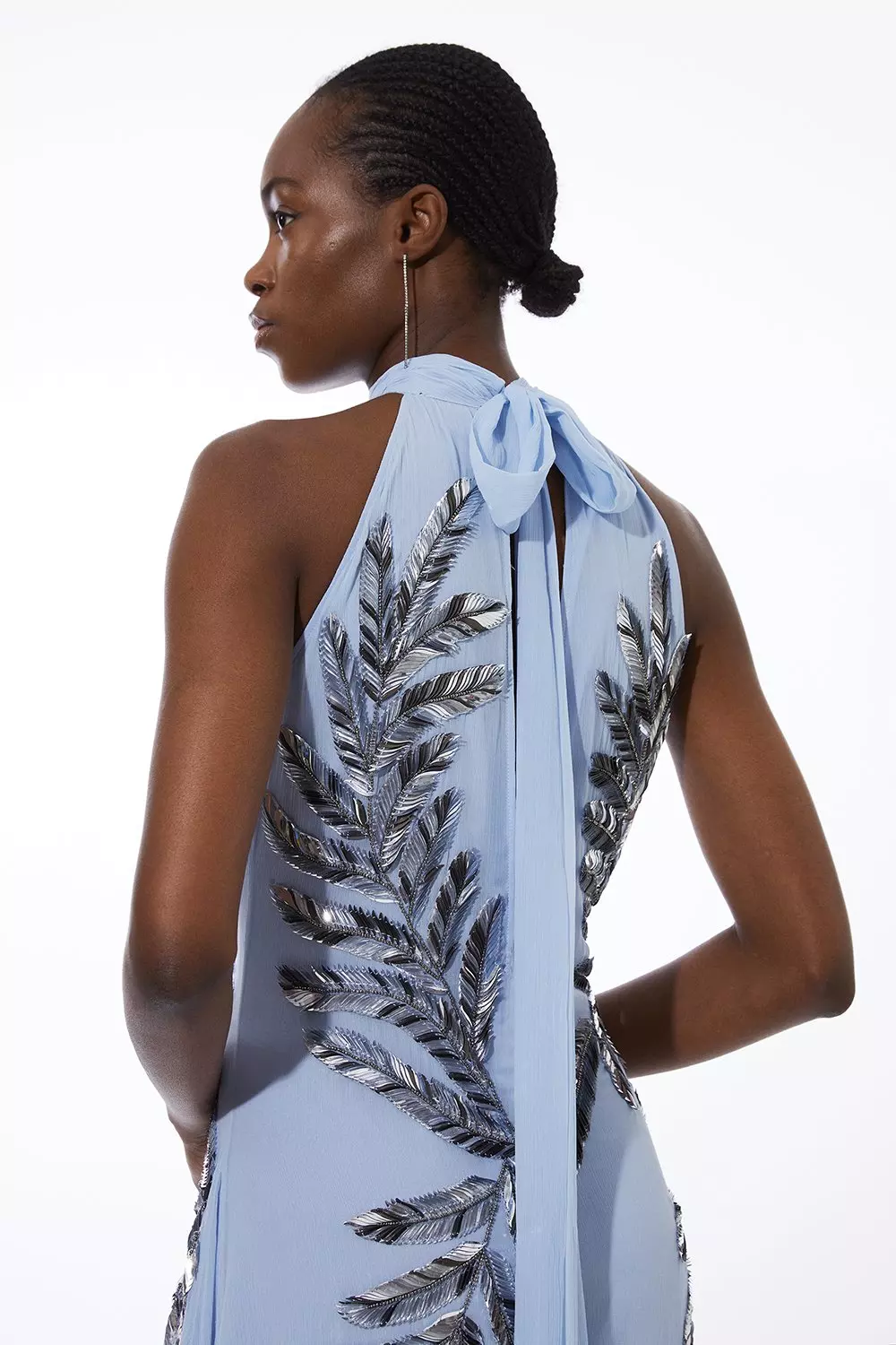 Halter Neck Feather Sequin Detail Woven Maxi Dress