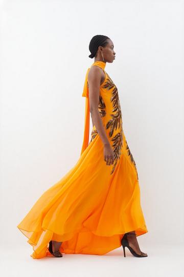 Orange Halter Neck Feather Sequin Detail Woven Maxi Dress