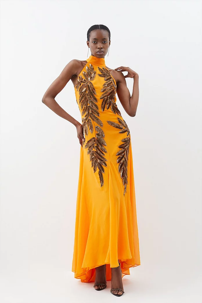Halter Neck Feather Sequin Detail Woven Maxi Dress | Karen Millen